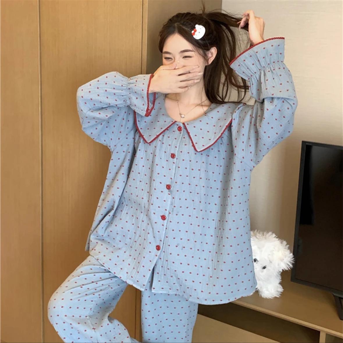 

Женский пижамный комплект из облачного хлопка в горошек - Сладкий корейский стиль с большим лацканом, длинными рукавами и брюками для весны, осени и зимы. XXL