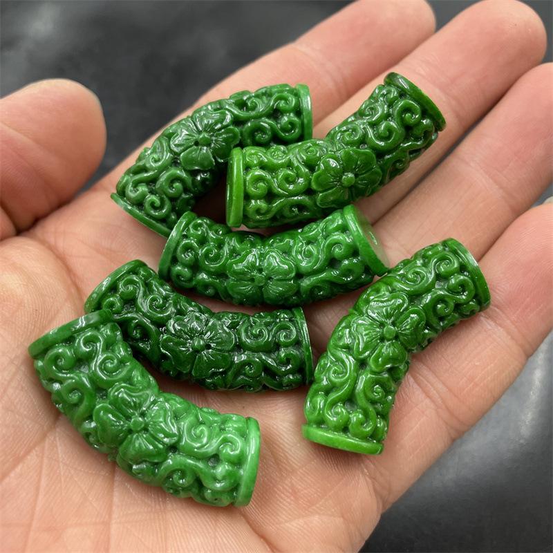 Green Crescent Moon Pendant: Double-Sided Hollow Carved Double Dragon Fu Ornament
