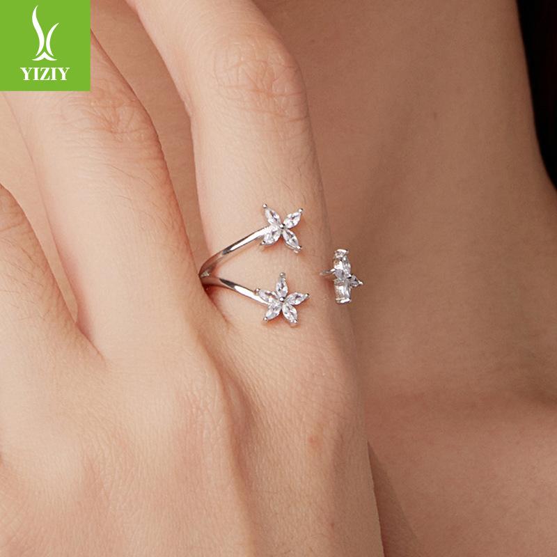 Sparkling Zircon Autumn Leaf Open Ring Ins Wind Versatile Stacked Wearing S925 Sterling Silver Ring Jewelry