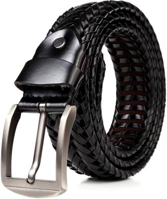 [JINSELF] German Leather Mesh Belt for Men, Leather Buckle, Casual Business, Braided, Black, Dark Silver