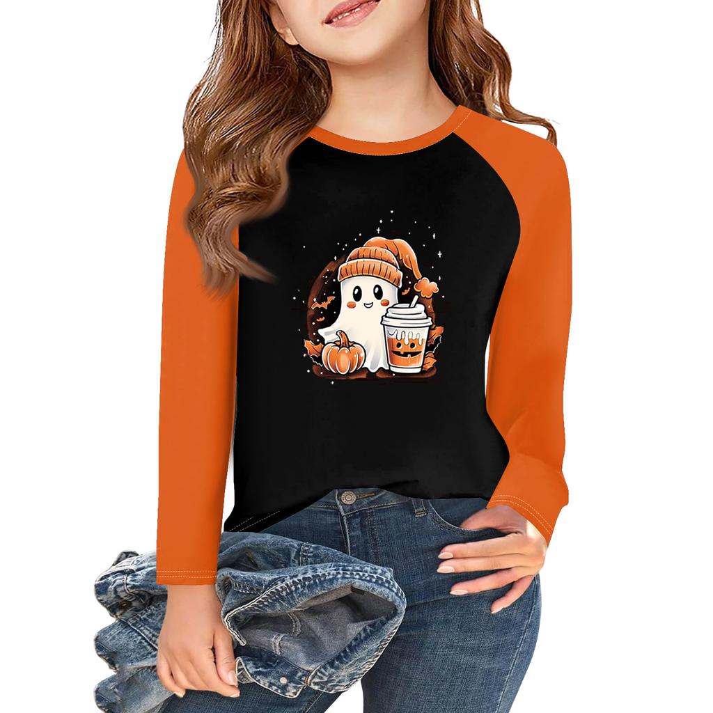 Dívčí trička s dlouhým rukávem na Halloween Dětské podzimní topy Kulatý výstřih Základní trička 5-14 let
