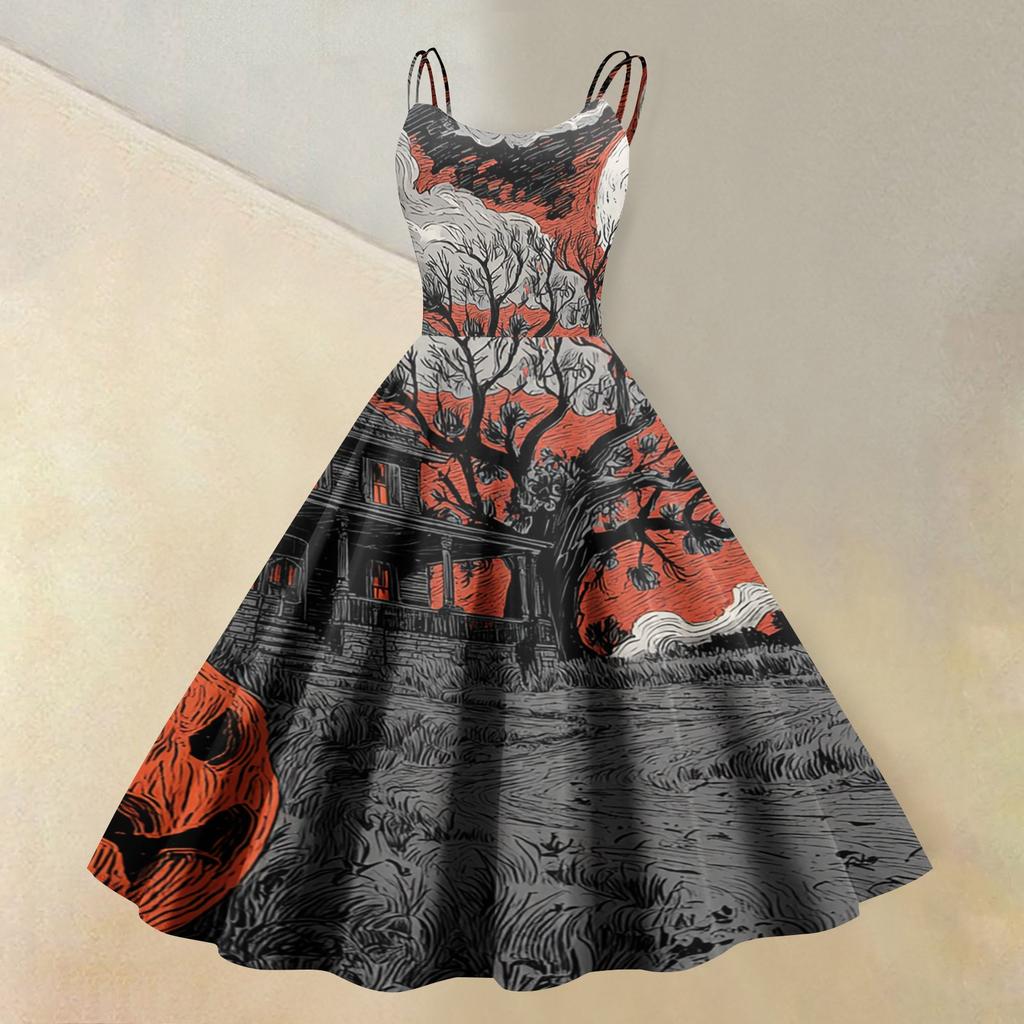 Women's Sleeveless Casual Dress Halloween Print Round Neck Vintage Style Swing Dress with Adjustable Straps for Everyday Wear