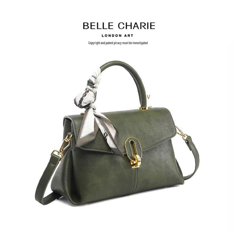 Retro Olive Green Genuine Leather Crossbody Bag with Scarf