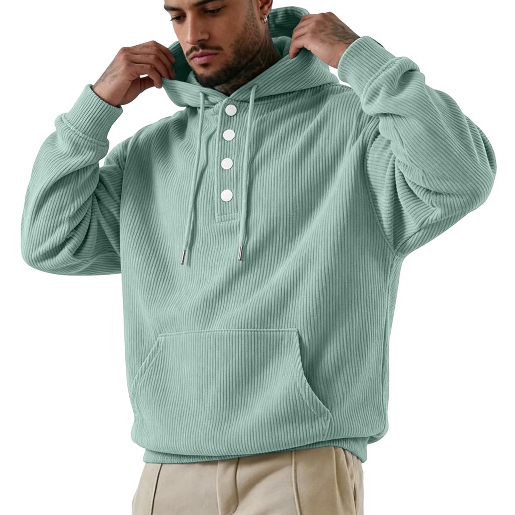 Sweat à capuche en velours côtelé pour homme, coupe ample, grandes poches, quatre boutons et, Sweatshirt décontracté de couleur