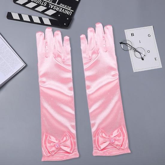 1 Pair Children Performance Gloves Faux Pearl Bow Decor Solid Color Full Fingers Satin Flower Girls Gloves Princess Style Cosplay Gloves