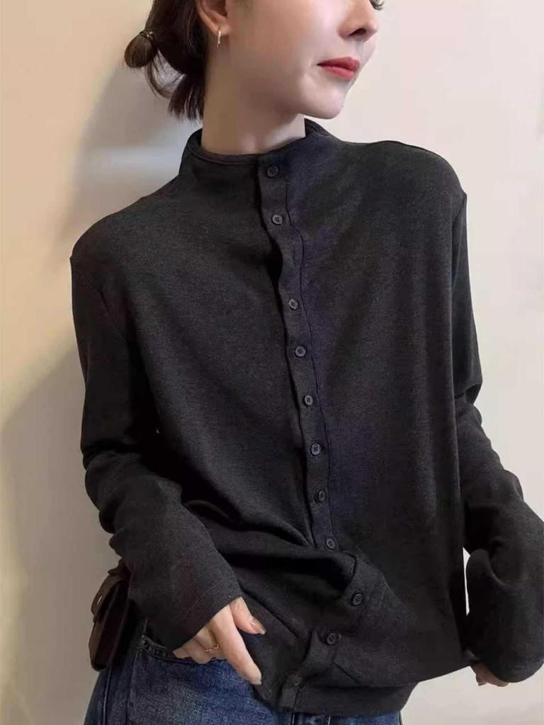A/W White Half-High Collar Long Sleeve Button-Up Women's Slimming Cardigan Top