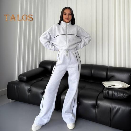 2 Teile/satz Damen Mantel Hosenanzug Halbhoher Kragen Reißverschluss Langarm Oberteil Elastische Taille Weite Beintaschen Hose Winter Alltagskleidung Trainingsanzug