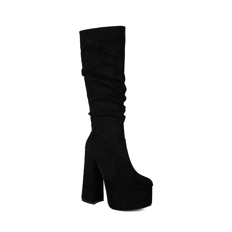 

Plus Size Frosted Flock Platform Ultra Thick Heel Side Zipper New Knee High Boots Frosted Suede Leather Material Long Tube Boots 34 чорний