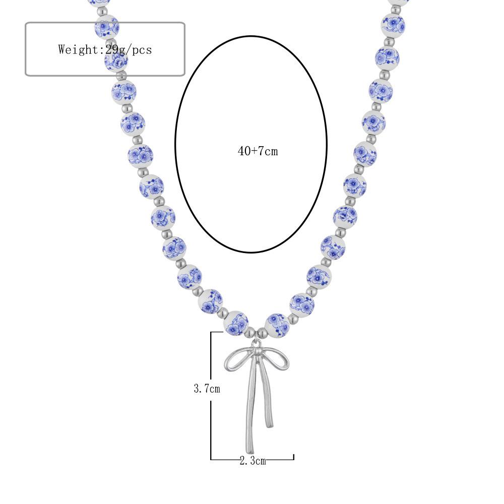 Cute Aesthetic Bowknot Pendant Necklace for Women Blue and White Porcelain Pearl Beaded Rope Chain Choker Necklaces Accessories