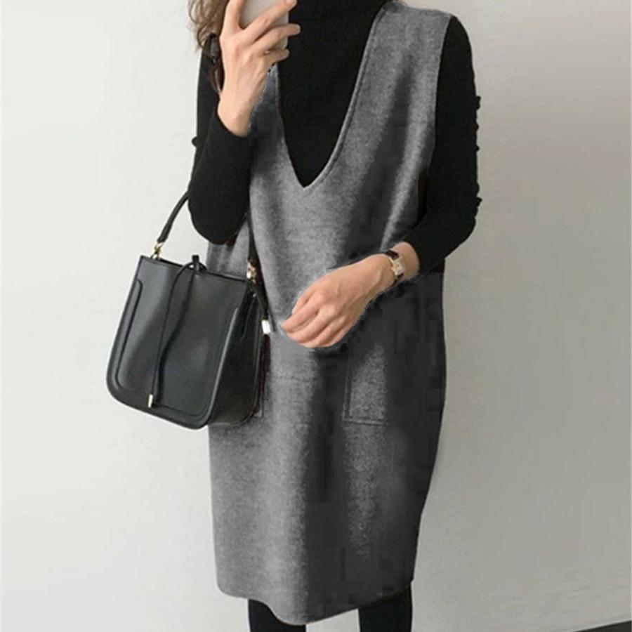 Woolen Sleeveless Tank Dress Women's Autumn Winter Solid Loose Vest Bottom Midi Dresses