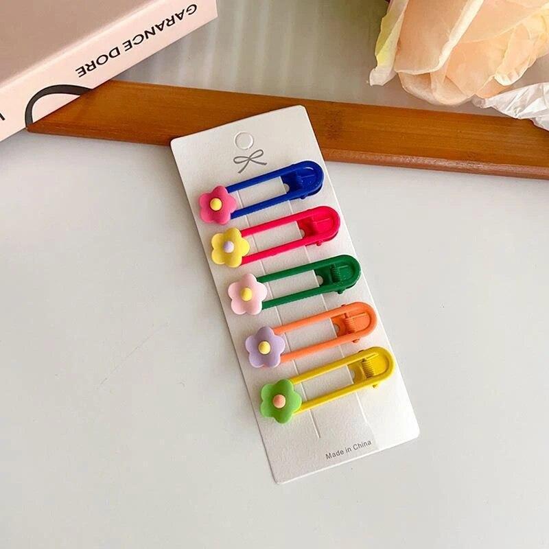 5PCS Candy Color Bead Heat Flower Hairpin Girls Side Bangs Hair Clips Ins Wind Duckbill Clip Headwear for Kid Hair Accessories