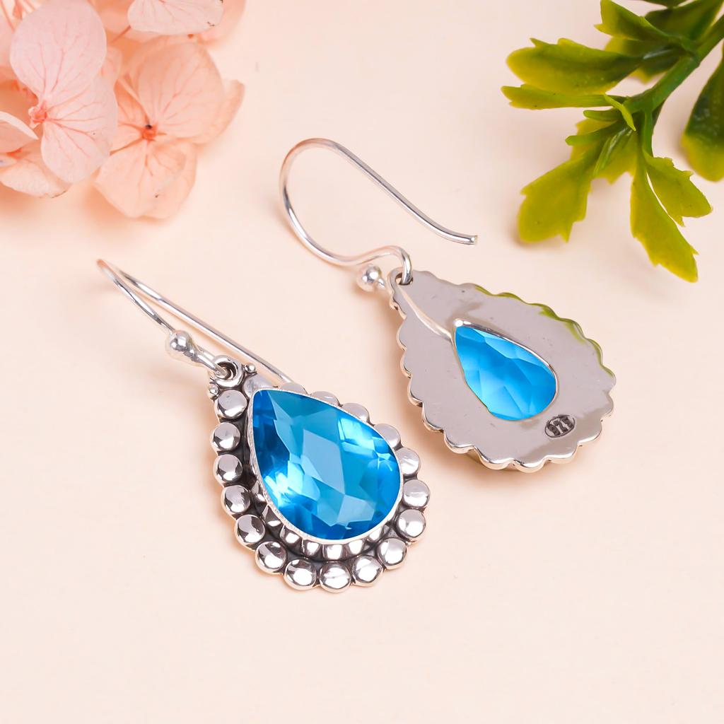 Swiss London Blue Topaz 925 Sterling Silver Earring V9563, Blue Earring, Pear Earring, Valentin's Day Gift, Gift For Her, Birthday Gift, Handmade Jewe