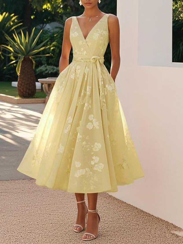 Women's V Neck Sleeveless Midi Prom Dress Slim Fit High Waist Floral Print Self Belt A Line Party Evening Dress