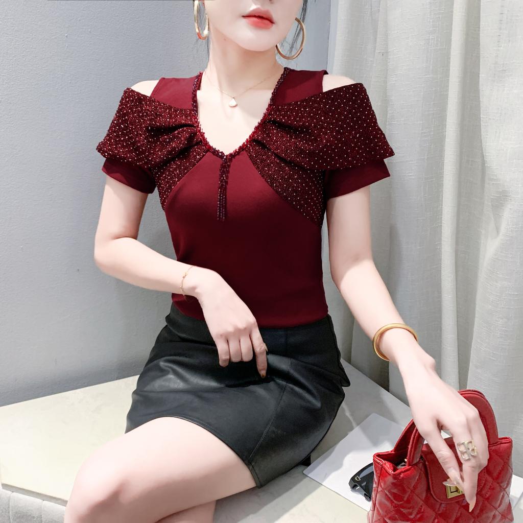 Summer Sexy Off Shoulder Beading T-shirt Women's Short Sleeves Tassels Design Tees New Cotton Female Tops