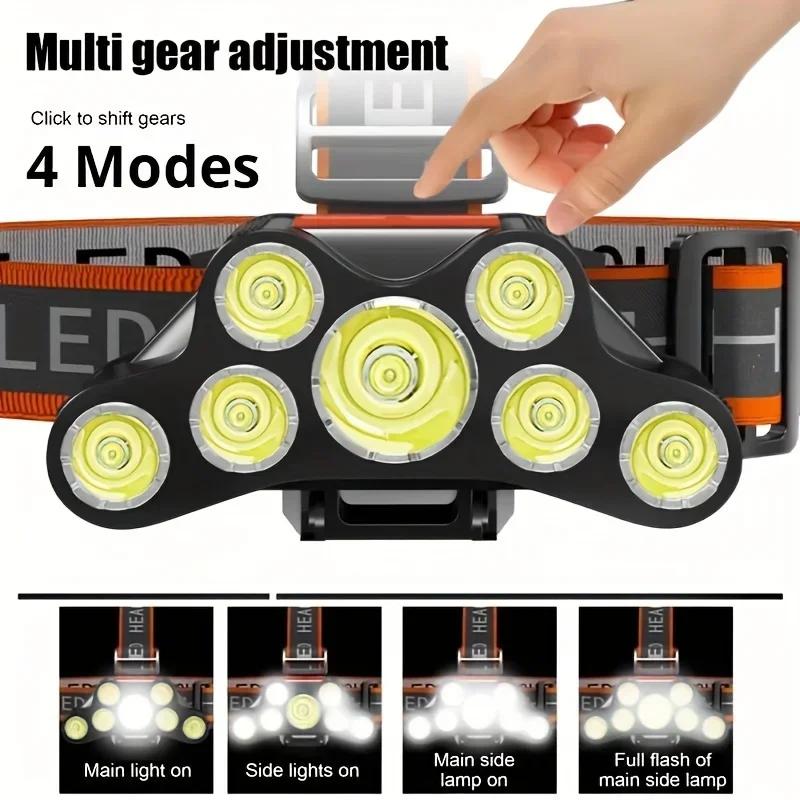 USB Rechargeable 7LED Headlamp Super Bright Waterproof Head-Mounted Light with 4 Modes for Outdoor Camping Fishing Emergency