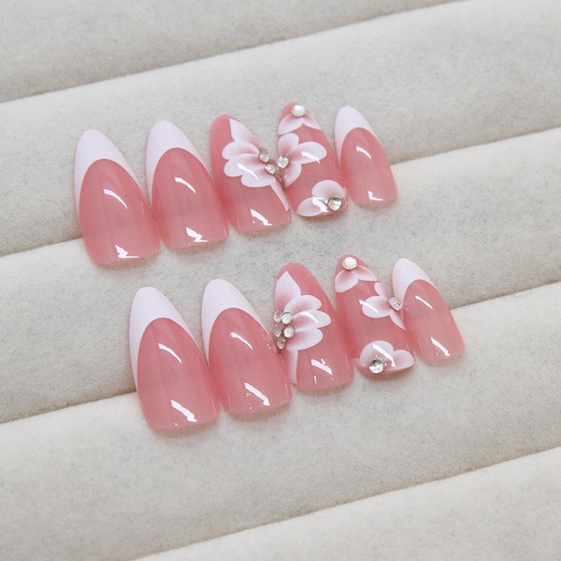 Nail Patch Removable Nail Simple French Flower Fake Nail Wearing Nail Patch Diamond 24 pieces