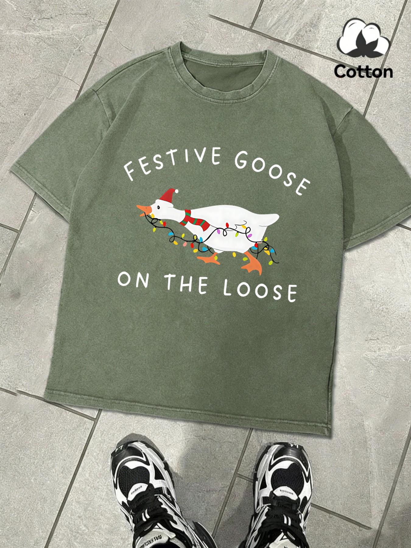

Festive Goose On The Loose Printing Washed T Shirts Men Colour Soft Cotton TShirt Summer Streetwear Fashion Short Sleeve S
