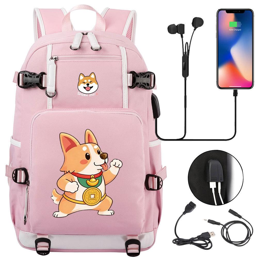 Cute Shiba Inu Corgi USB Charging Backpack for Middle High School Students Travel Casual Daypack