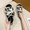 Women Canvas Flat Slippers 2022 Women Lace Up Casual Shoes Female Fashion Platform Slipper Lady Denim Beach Open Toe Sandals