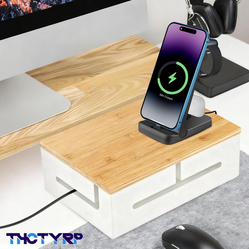 THCTYRP Bamboo Cord Cable Storage Power Strip Wire Concealment Tabletop Large Size Box, Box, Storage, Box, Wall-Mounted & Use, White,