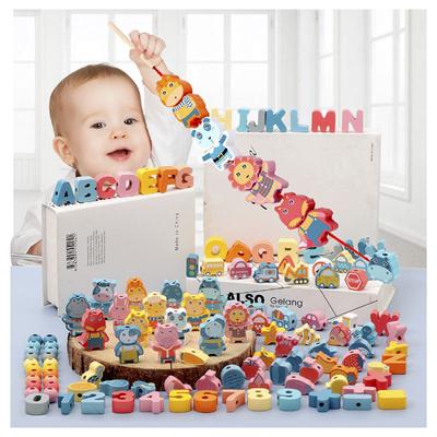 Dětská dřevěná navlékací hračka Montessori DIY dřevěné korálky pro děti Kreslená zvířátka Ovoce Písmena Číslice Navlékací hračky Dárky