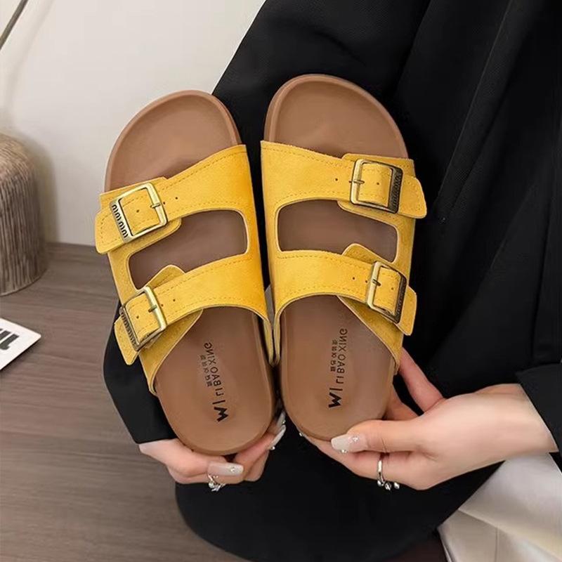 

Крутые тапочки женские с ремешком и квадратной пряжкой на толстой подошве, новинка весна-лето 2025, пляжные тапочки, женские сандалии 40 жёлтый