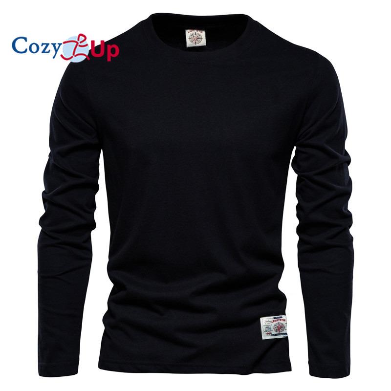 Ny Hyggelig Herre Langærmet Ensfarvet T-shirt Sport Yderbeklædning Rund Hals Bomuld Basis T-shirt