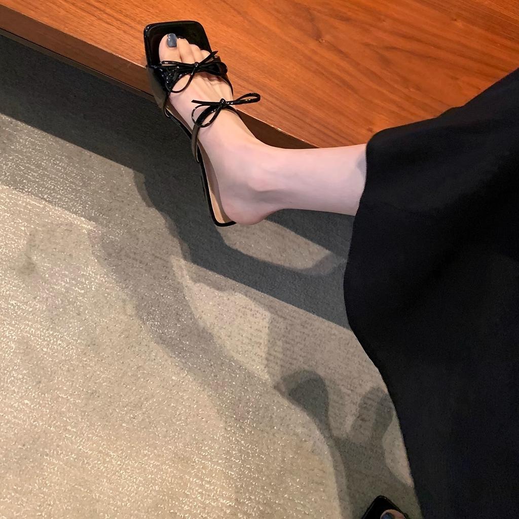 Height Increase.cm~ Temperament Square Head Bow with Summer Outer Wear Sandals Women