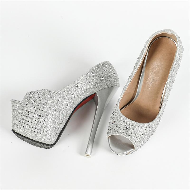 Fashion Eilyken Spring Platform Women Pumps Sexy Sequined Cloth Peep Toe Mule Shoes Elegant Stiletto High Heels Pole Dance Sandals