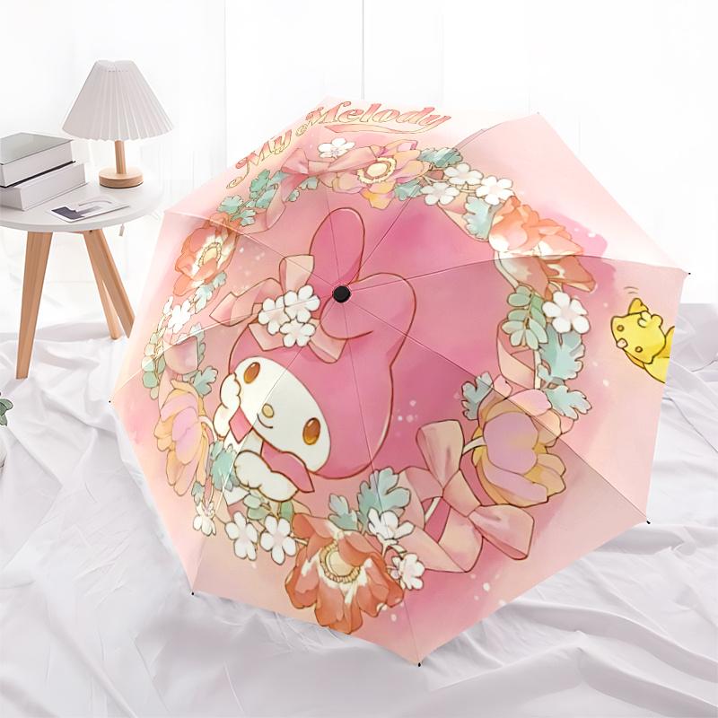 

1pc My Melody Floral Wreath Automatic Folding Umbrella - Portable 3-Fold Design with Iron Frame, Perfect for Outdoor Use, Festive Gifts, Travel, Daily