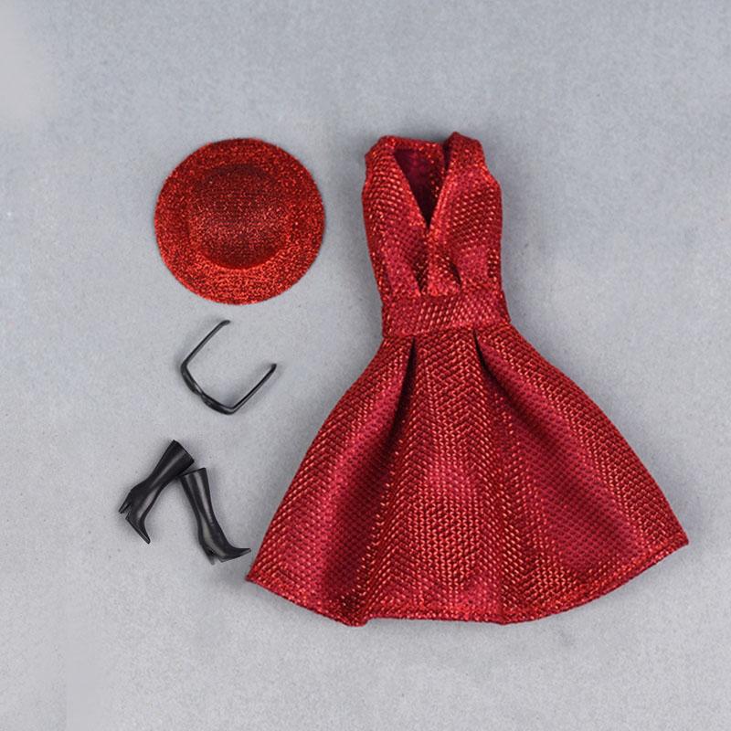 

Кукольное платье для куклы Барби, одежда, наряд, вечернее платье с v-образным вырезом для кукольного домика Барби, шляпа, сумка, обувь, ботинки 1/6, аксессуары для кукол, малыш красный/чёрный