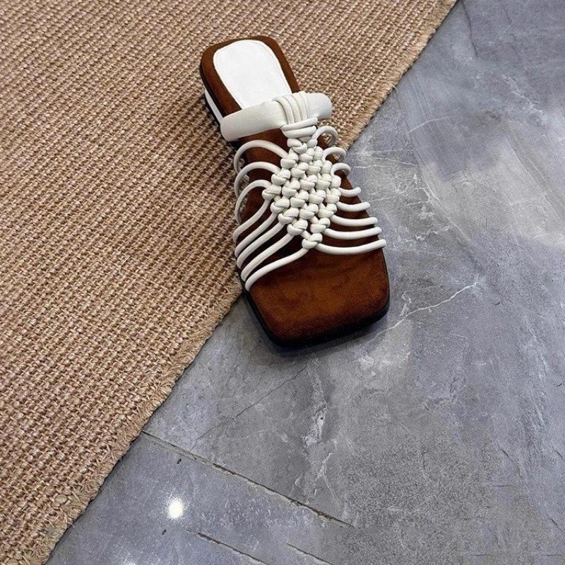 Woven Thin Strap Slippers Summer New Square Toe Open Toe Cutout Breathable Non-slip Wear-resistant Low Heel Shoes