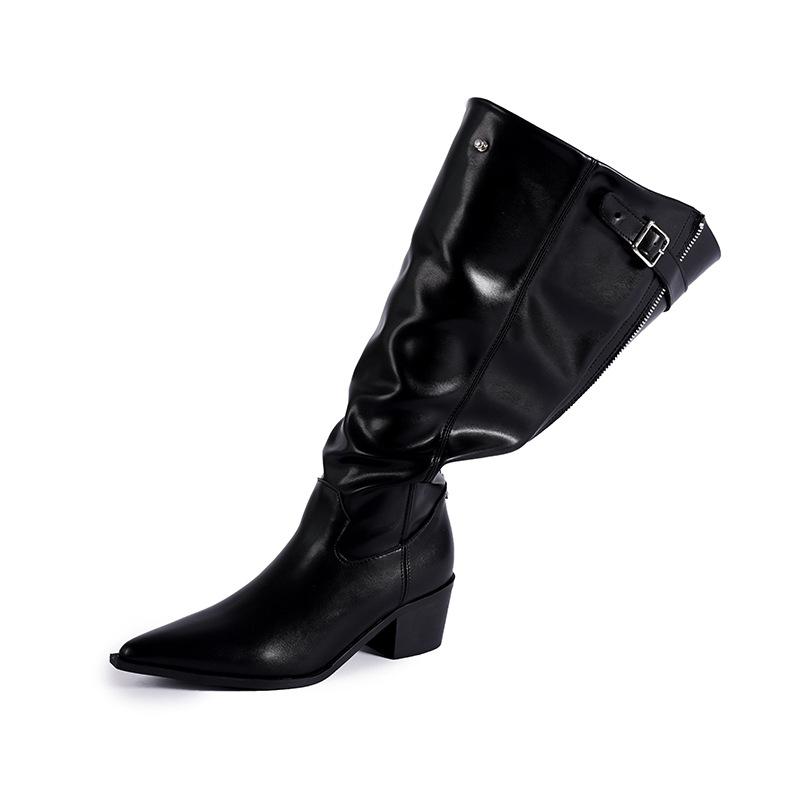 

Fashion Star style Zip Fold Faux Leather Western Women Knee-high Boots Fashion Autumn Winter High heels Cowboy Long Boots Shoes Botas 40 чёрный