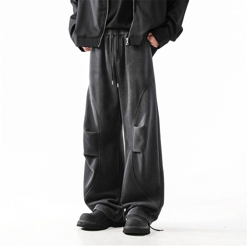 Heavyweight White Pleated Cargo Pants for Men, Winter American-Style Design, Patchwork Wide-Leg Pants, High-Street Versatile Casual Trousers