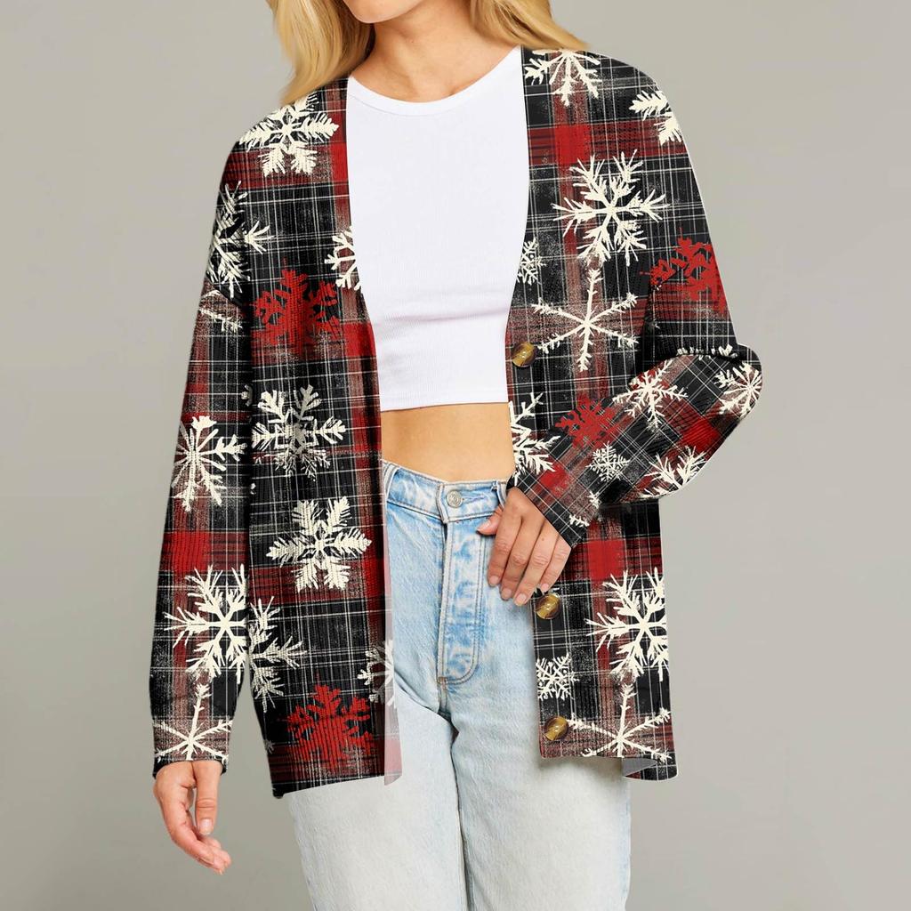 Women's Fashion Long Sleeve Christmas Print V-Neck Button Loose Cardigan Top