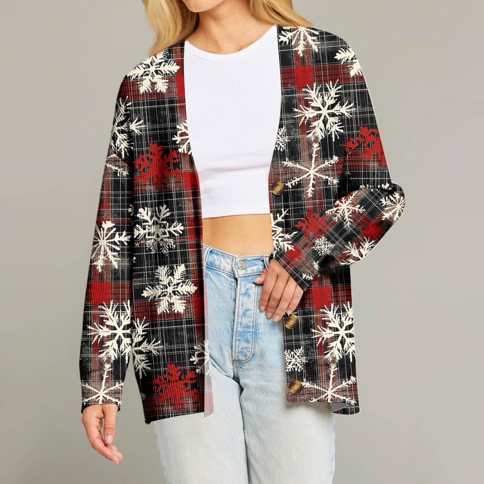 

Женский модный кардиган с длинным рукавом, V-образным вырезом, на пуговицах, свободного кроя, с рождественским принтом S