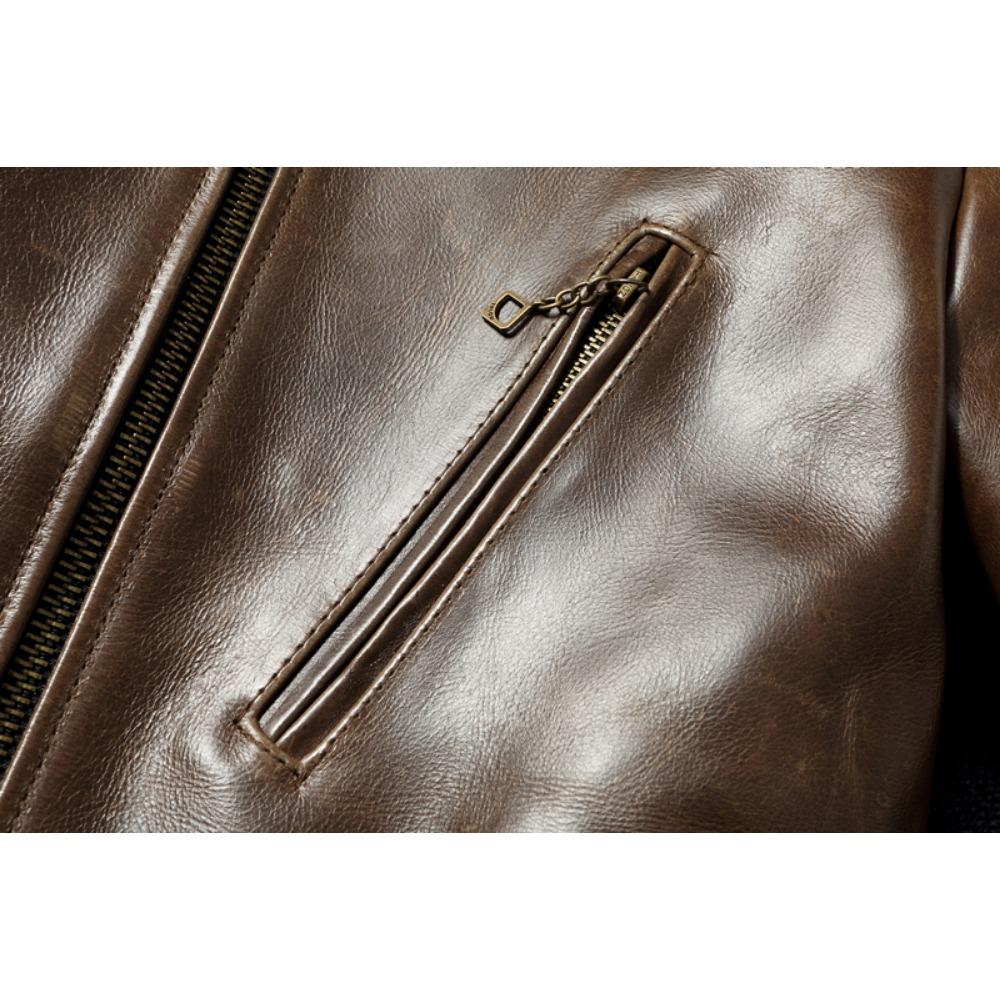 Chinese Size Style RL Top Layer Oil Waxed Cowhide Real Leather Jacket Men Stand Collar Brown Coat Men's Biker Jacket Spring Autumn