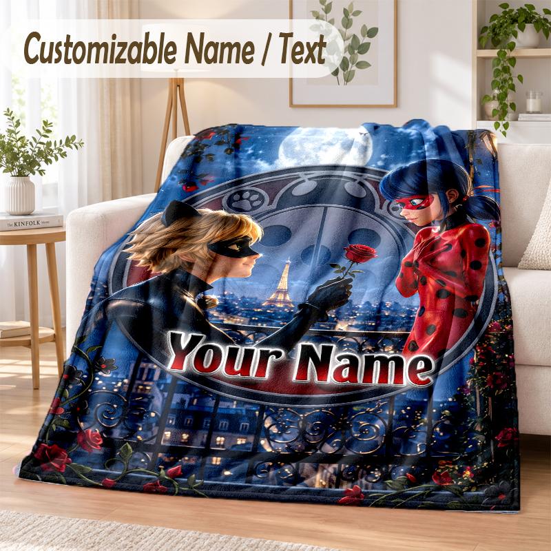 Miraculous Ladybug Custom Name Flannel Throw Blanket Soft Warm for Sofa Bed Indoor Home Use
