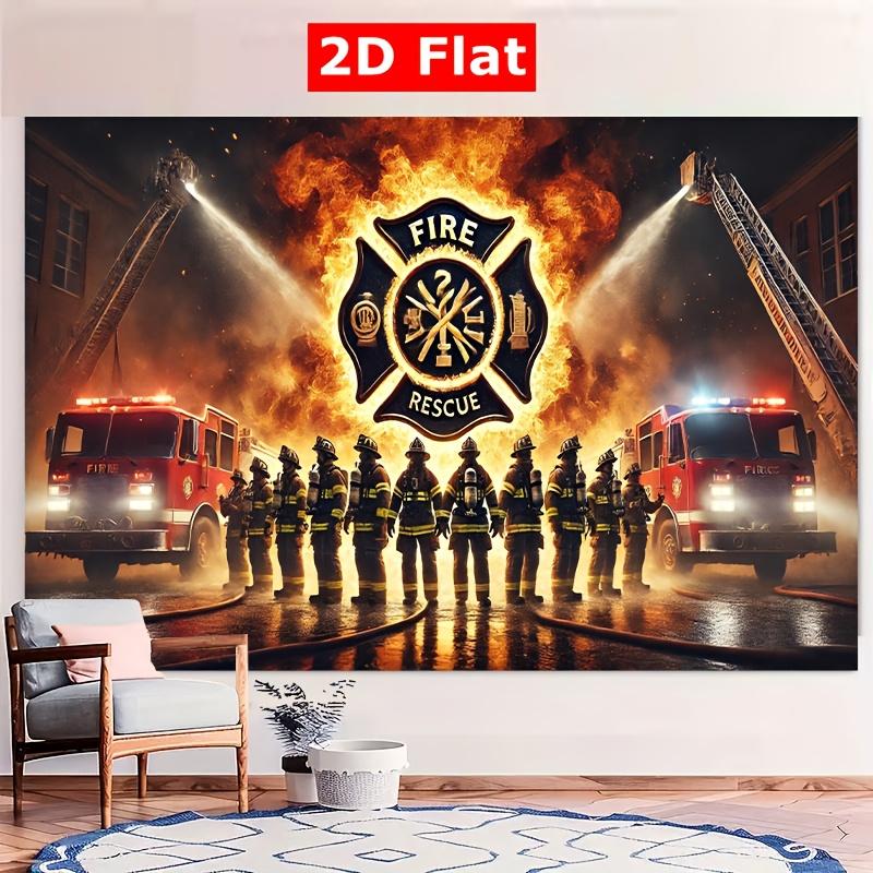 1 piece of 2D flat firefighter brave rescue scene polyester fabric, 8x6 feet party bannerDJH