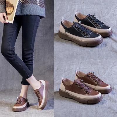 Nouvelles Chaussures Printemps Été Automne à Semelle Souple et Tige Basse Grande Taille Rétro à Fond Plat et Bout Rond Cuir de Vache Couche Chaussures Britanniques Femmes
