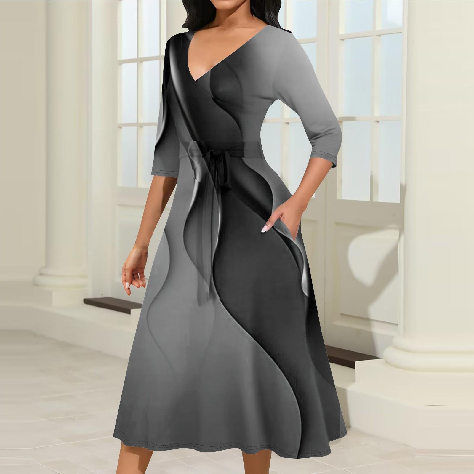 Женское повседневное модное платье миди с V-образным вырезом и рукавом три четверти — фото 6