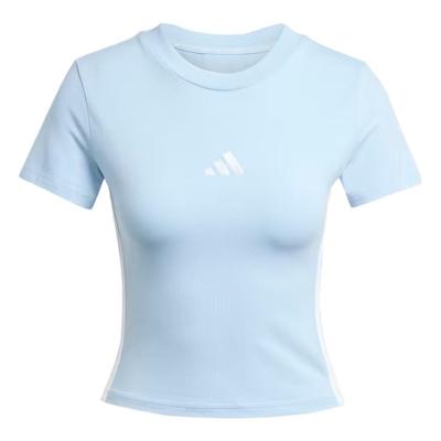 Womens Essentials 3-Stripes Slim Baby T-Shirt Glow Blue/White Women Streetwear JE1241