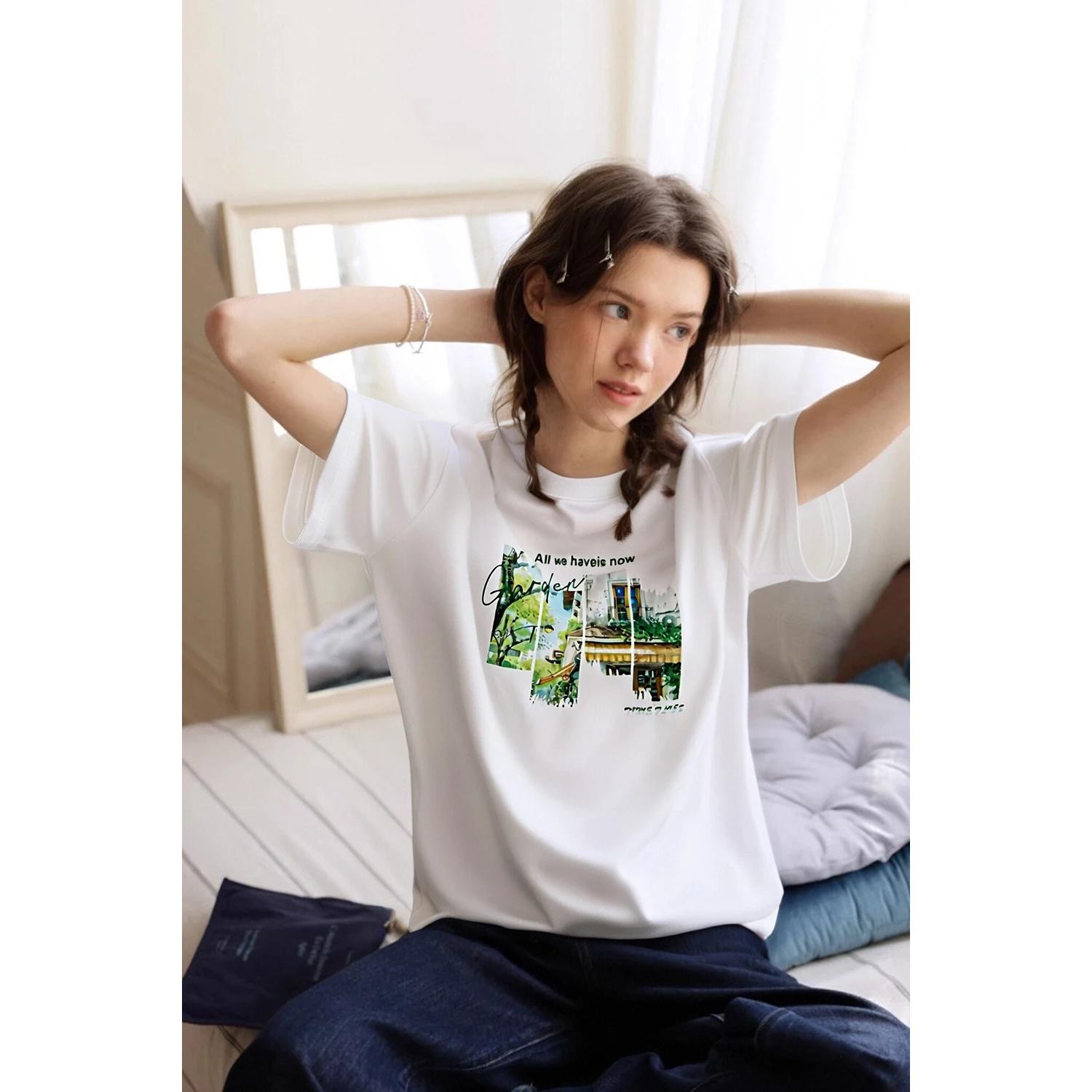 

VIMLY Women s Graphic T-shirt 2025 Summer Short Sleeve Tops for Woman Casual Pure Cotton Loose Printed Tee Shirt Clothes M9828 XXXXXL