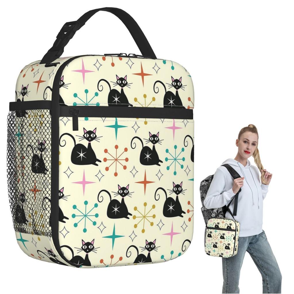 Mid Century Black Atomic Cat With Starbursts Insulated Lunch Bag for Women Kids Leakproof Food Boxes Thermal Lunch Box Tote