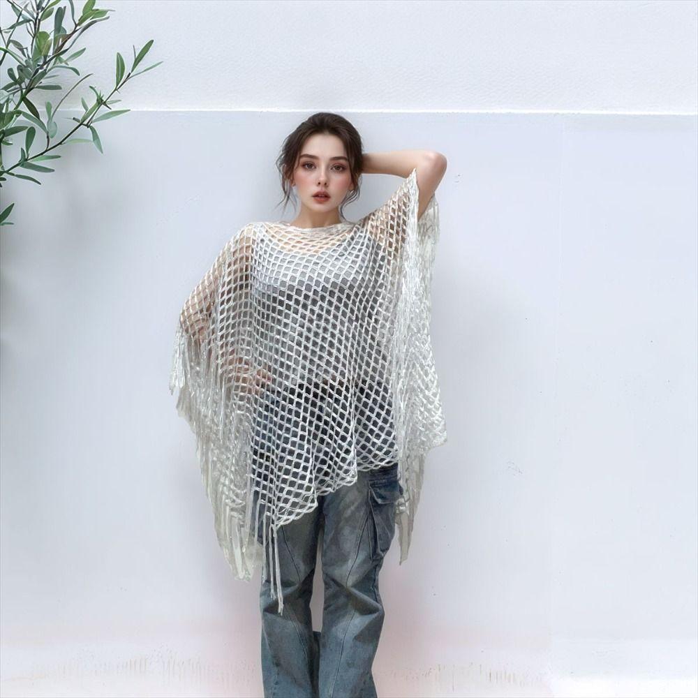 Simple Tassel Sunscreen Cover-up Crochet Loose Fit Bohemian Shawl Plus Size Casual Knit Hollow Out Top Vacation
