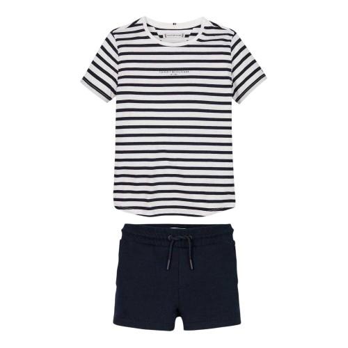 Tommy Hilfiger Conjunto de Camiseta a Rayas de Cuello Redondo de Manga Corta y Pantalones Cortos para Niños
