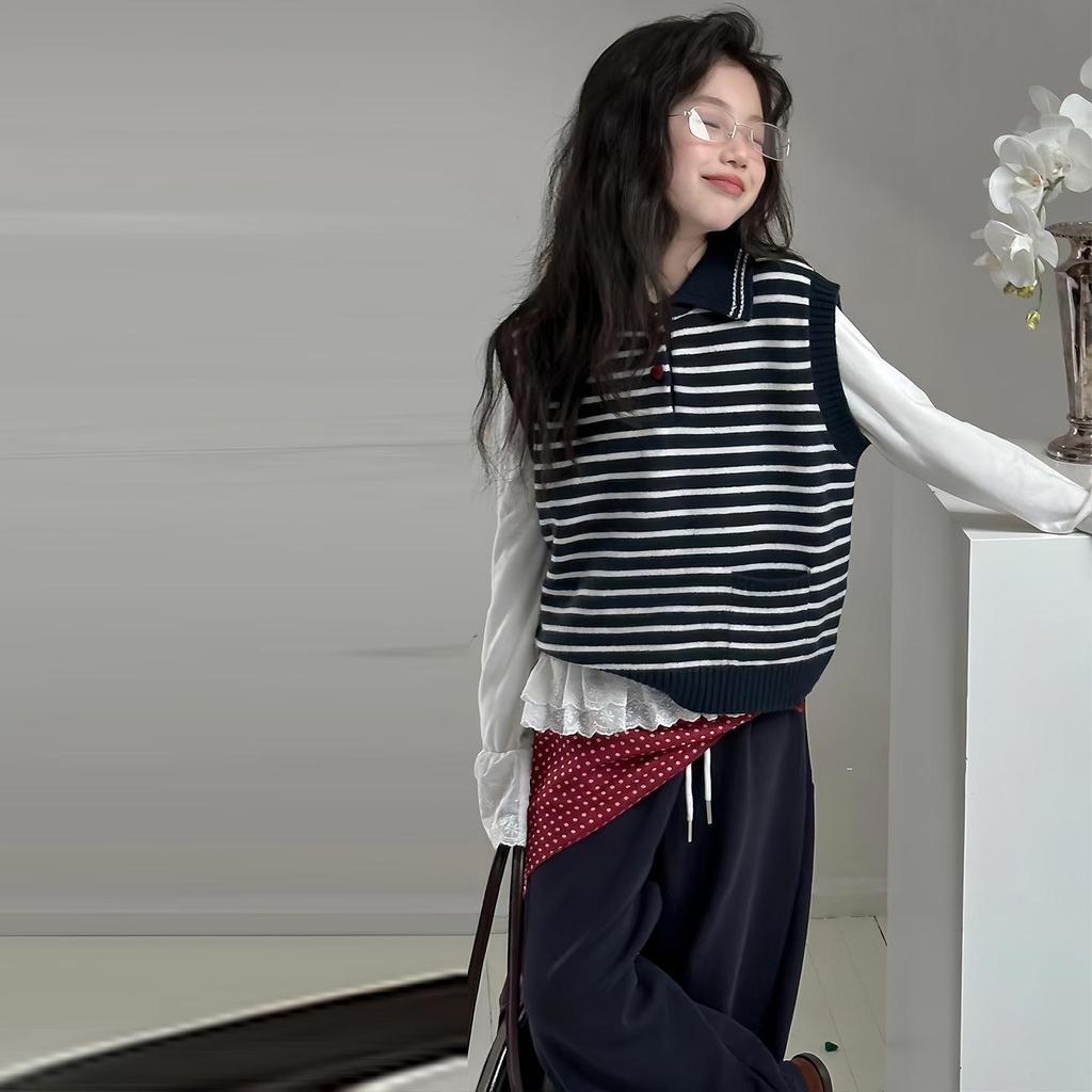 Autumn 2025 Girls' Fashionable Knitted Vest Polo Set - Trendy Three-piece Outfit