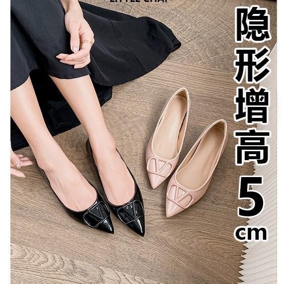 Sheepskin version inner height increase 5cm leather temperament pointed square buckle single shoes French nude celebrity style with skirt women's shoe