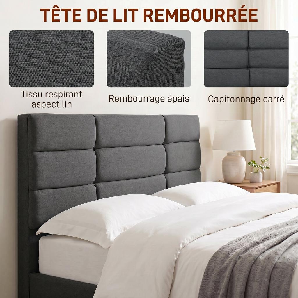 Bed Frame 140 X 200 Cm With Wooden Slatted Base Double Bed Upholstered In Linen Effect Storage Underneath Noise Free Gray