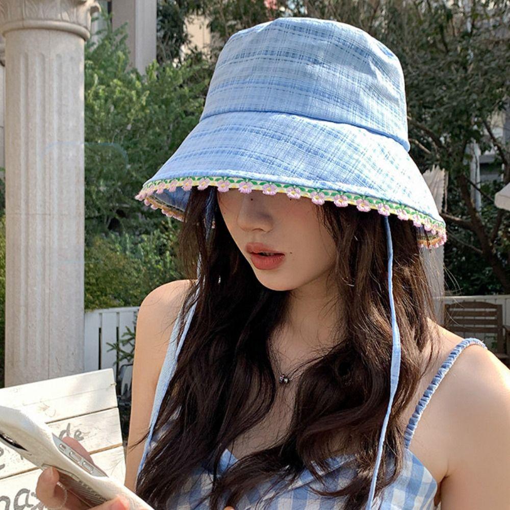 Ribbon Women Fisherman Hat Lace Up Summer Sun Hat Casual Lace Flower Bucket Hat Ladies